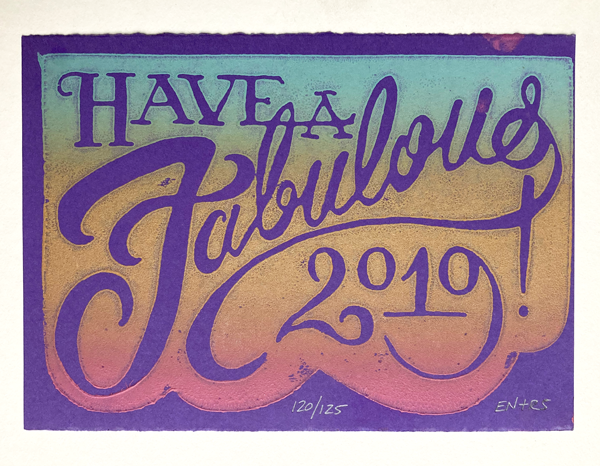 1-color woodblock print: Have a Fabulous 2019!