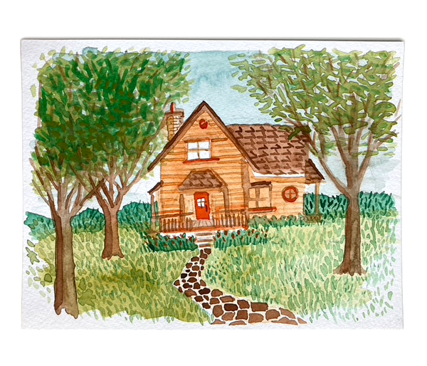 Watercolor of orange house amid green trees