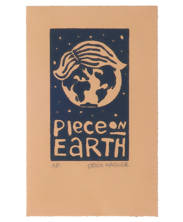 Linocut print of planet earth with hair